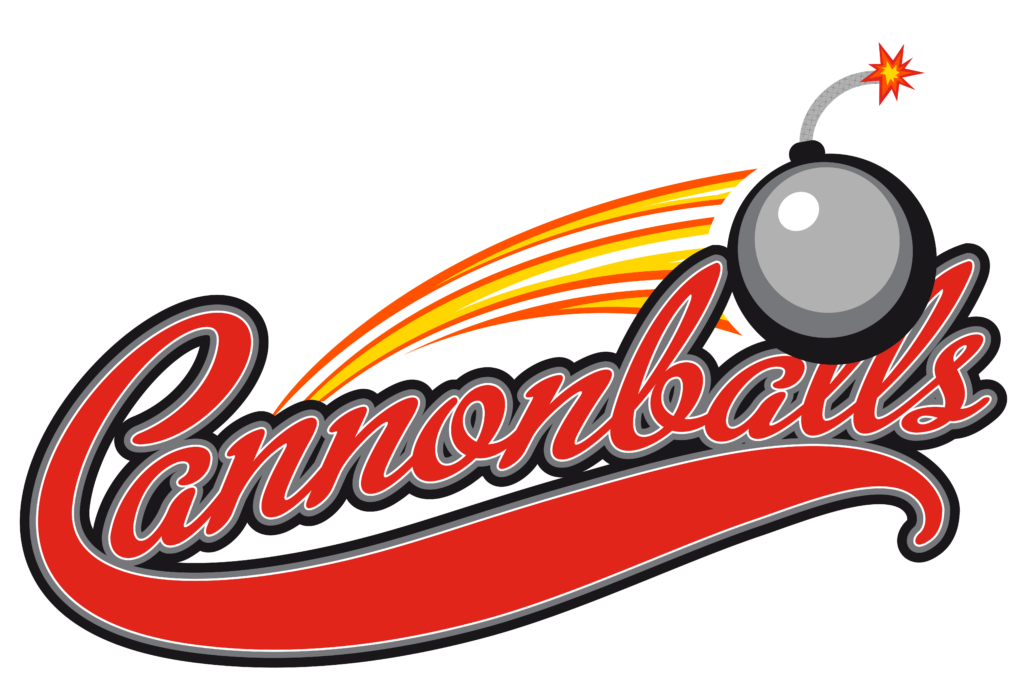 Het logo toont het woord "Cannonballs" in een sierlijk, cursief lettertype. De letters zijn rood met een zwarte omlijning. Boven de letters is een afbeelding van een grijze kanonskogel met een brandende lont. De lont is grijs met een rode vlam aan het uiteinde. Achter de kanonskogel zijn er strepen in rood, oranje en geel, die een bewegingslijn suggereren, alsof de kogel snel naar voren schiet. De gehele compositie geeft een dynamisch en energiek gevoel.