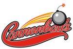 De afbeelding toont een logo met het woord "Cannonballs" in een sierlijk, rood lettertype met een zwarte rand. Boven de letters is een afbeelding van een kanonskogel met een lont die brandt. Achter de kanonskogel zijn er drie strepen in de kleuren geel, oranje en rood, die een beweging suggereren. De lont van de kanonskogel eindigt in een kleine rode stervormige explosie. Het geheel heeft een dynamische en energieke uitstraling.